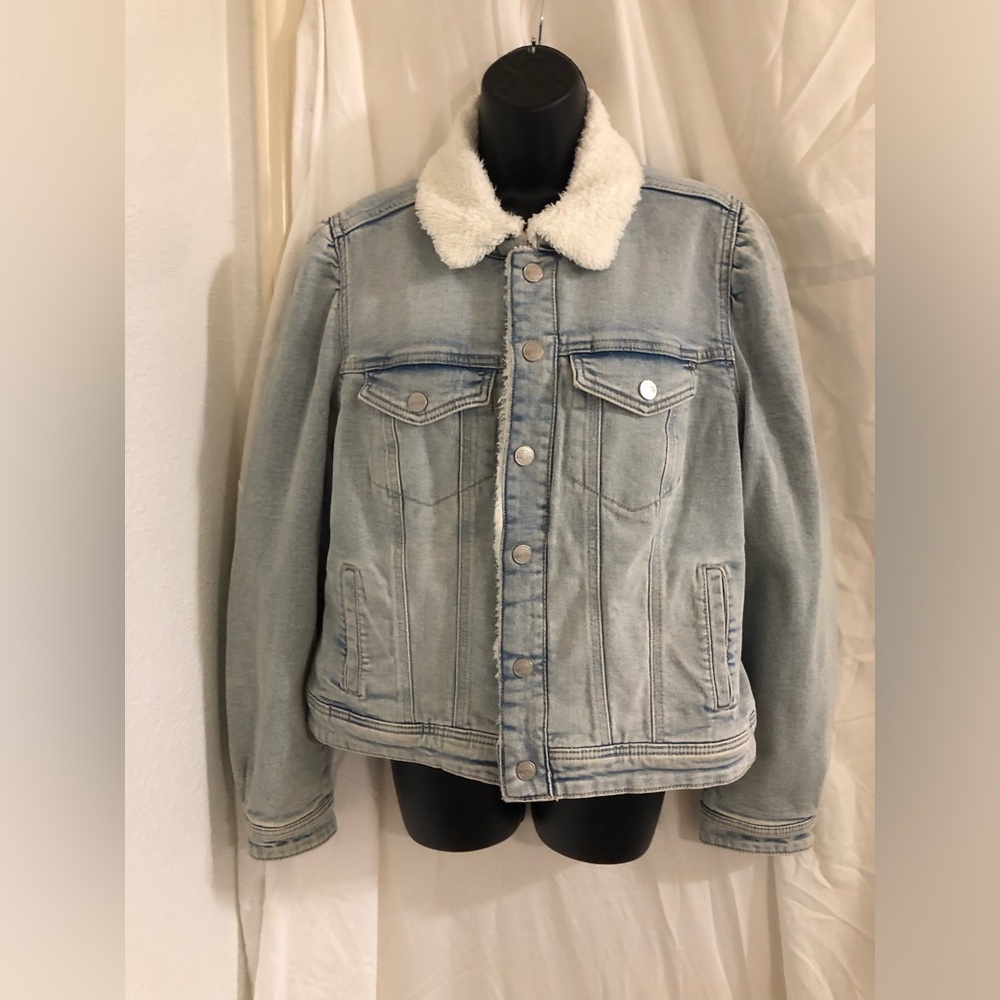 Nanette Lepore white sherpa lined pleated‎ shoulder denim jacket size large new - Picture 5 of 14